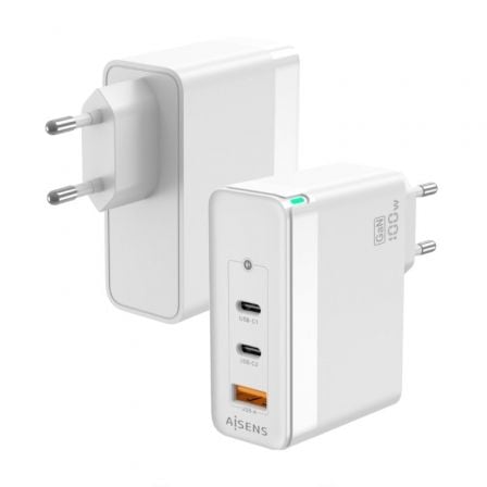 Adaptador de Energia Gan 2x USB-C / USB-A 100W (Branco) - AISENS
