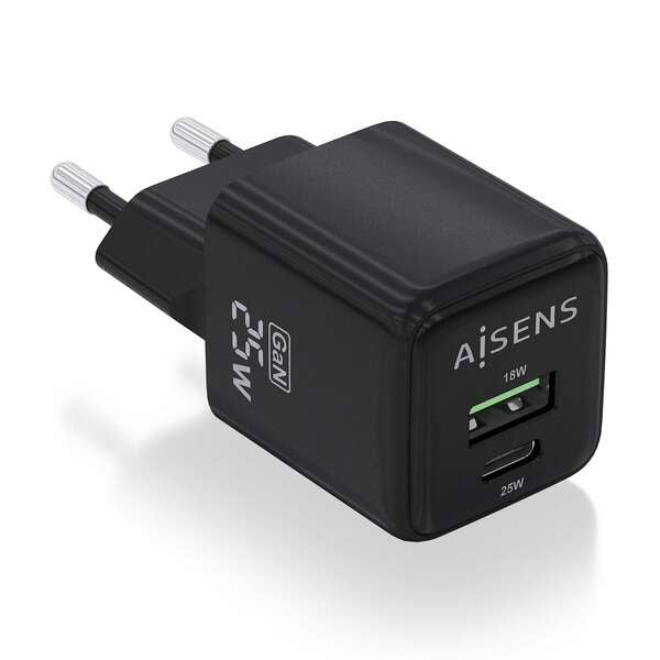AISENS - CARGADOR GaN 25W, 1xUSB-C PD3.0 QC4.0, 1xUSB-A QC3.0, NEGRO