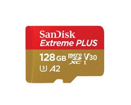 Cartão de memória flash (adaptador microSDXC para SD Incluído) SanDisk Extreme PLUS - 128 GB - A2 / Video Class V30 / UHS-I U3 / Class10 - microSDXC UHS-I