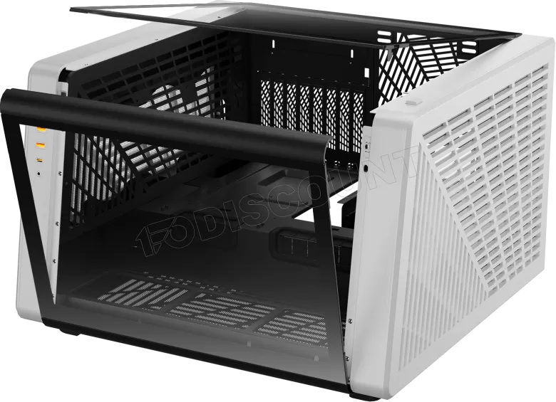 Case Gamdias NESO P1 BW – Full Tower ATX, Forma trapezoidale per desktop orizzontale e configurazione verticale, Pannelli in vetro temperato panoramici anteriori e laterali con apertura a battente, Telaio a doppia camera, Bianco/Nero