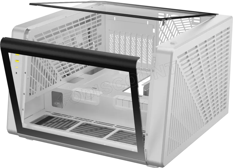 Case Gamdias NESO P1 W – Full Tower ATX, Forma trapezoidale per desktop orizzontale e configurazione verticale, Pannelli in vetro temperato panoramici anteriori e laterali con apertura a battente, Telaio a doppia camera, Bianco