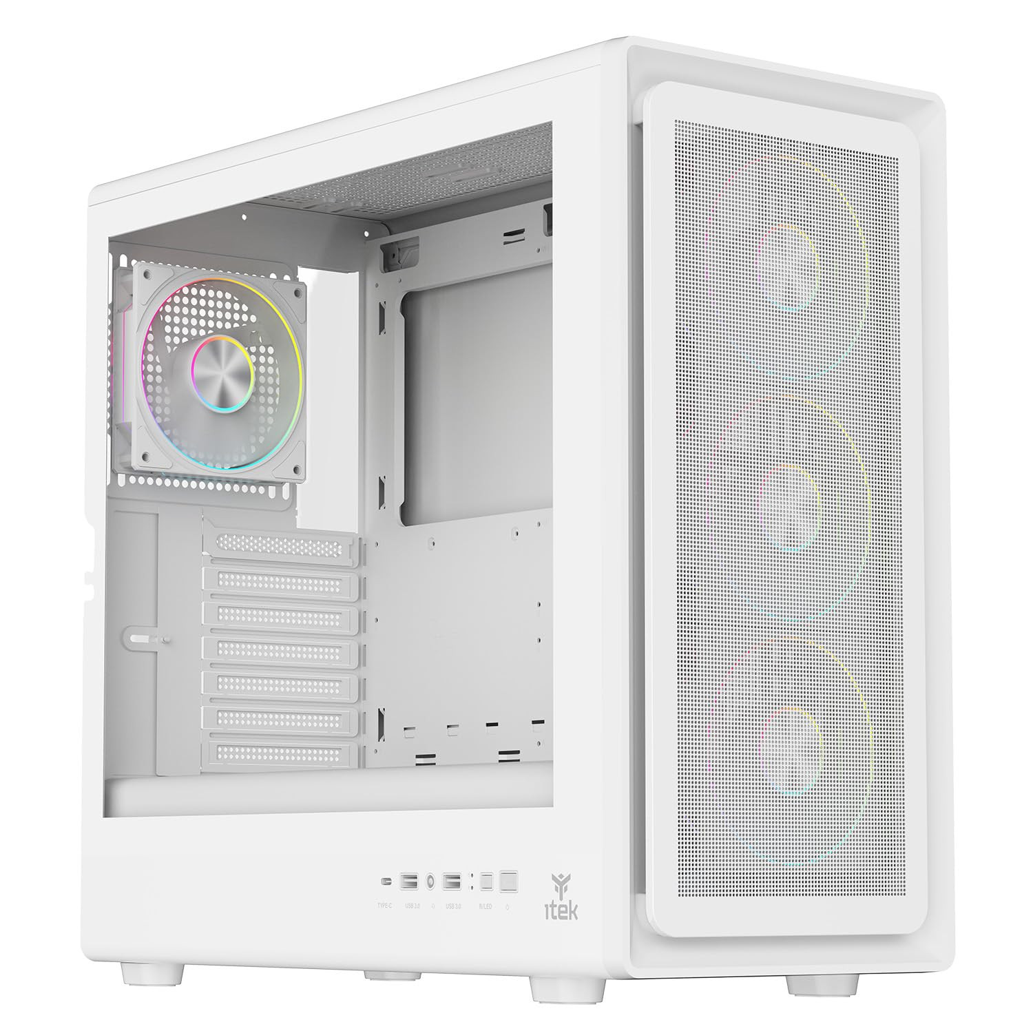 Case Itek MESHCORE 36W – Gaming Tower ATX, 4x Ventole ARGB da 120mm, pannello laterale in vetro temperato, Bianco