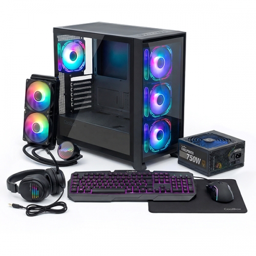 Coolbox COO-PACK-GMNG Pack Gaming Caixa GE2000 + Water Cooler CPU Infinite Liquid240 ARGB + Fonte CoolPower 750W + Kit Gaming XWing-2ares Jack 3.
