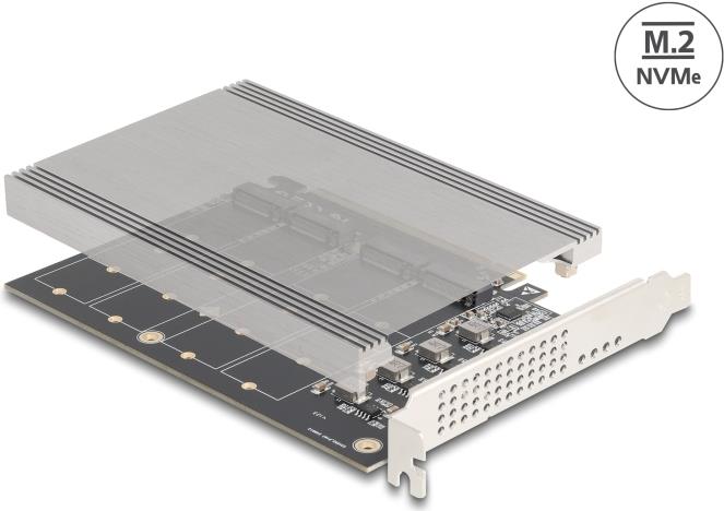 Delock 90210 Speicher-Controller PCIe 4.0 x16 zu 4 x M.2 NVMe Schwarz, Metallisch