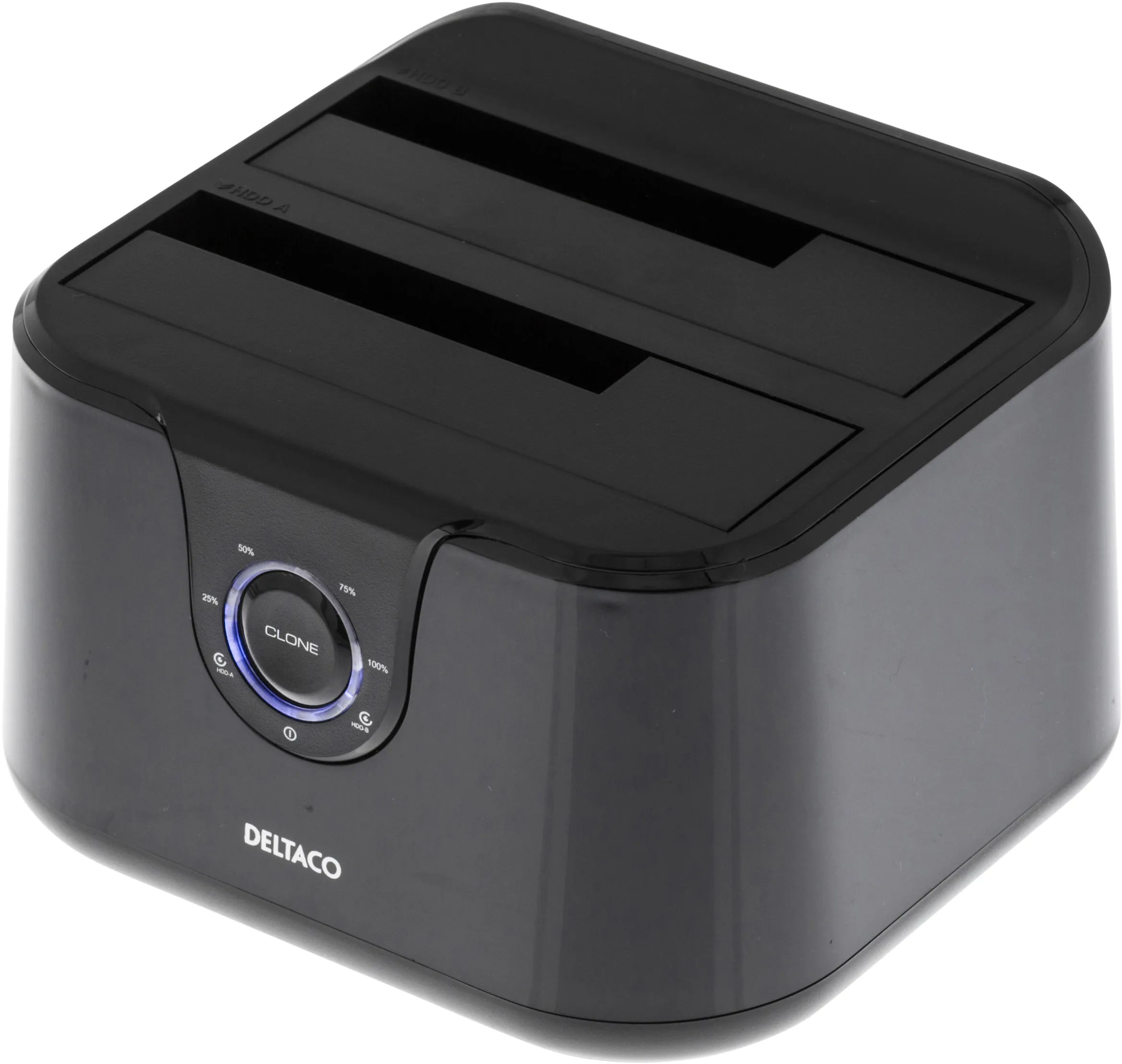 DELTACO MAP-GD35U3 kaksipaikkainen HDD/SSD-telakka, 2,5" / 3,5", USB 3.2 Gen 1, offline-kloonaus, musta