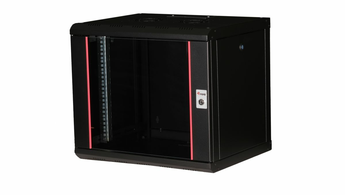 Gabinete de rede de parede Equip Pro Mount de 19", 09U, 600x450 mm, com porta de vidro, painéis removíveis e traváveis, montado, RAL9005 preto