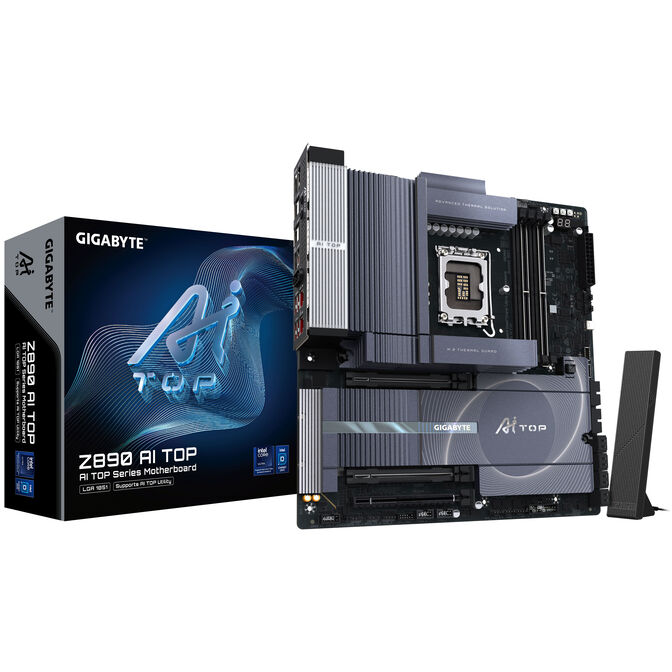 GigaByte Z890 AI TOP Scheda madre - CPU Intel Core Ultra (Serie 2), VRM a 16+1+2 fasi, fino a 9500 MHz DDR5 (OC), 1xPCIe 5.0 + 3xPCIe 4.0 M.2, Wi-Fi 7, LAN 10 GbE, Thunderbolt 5