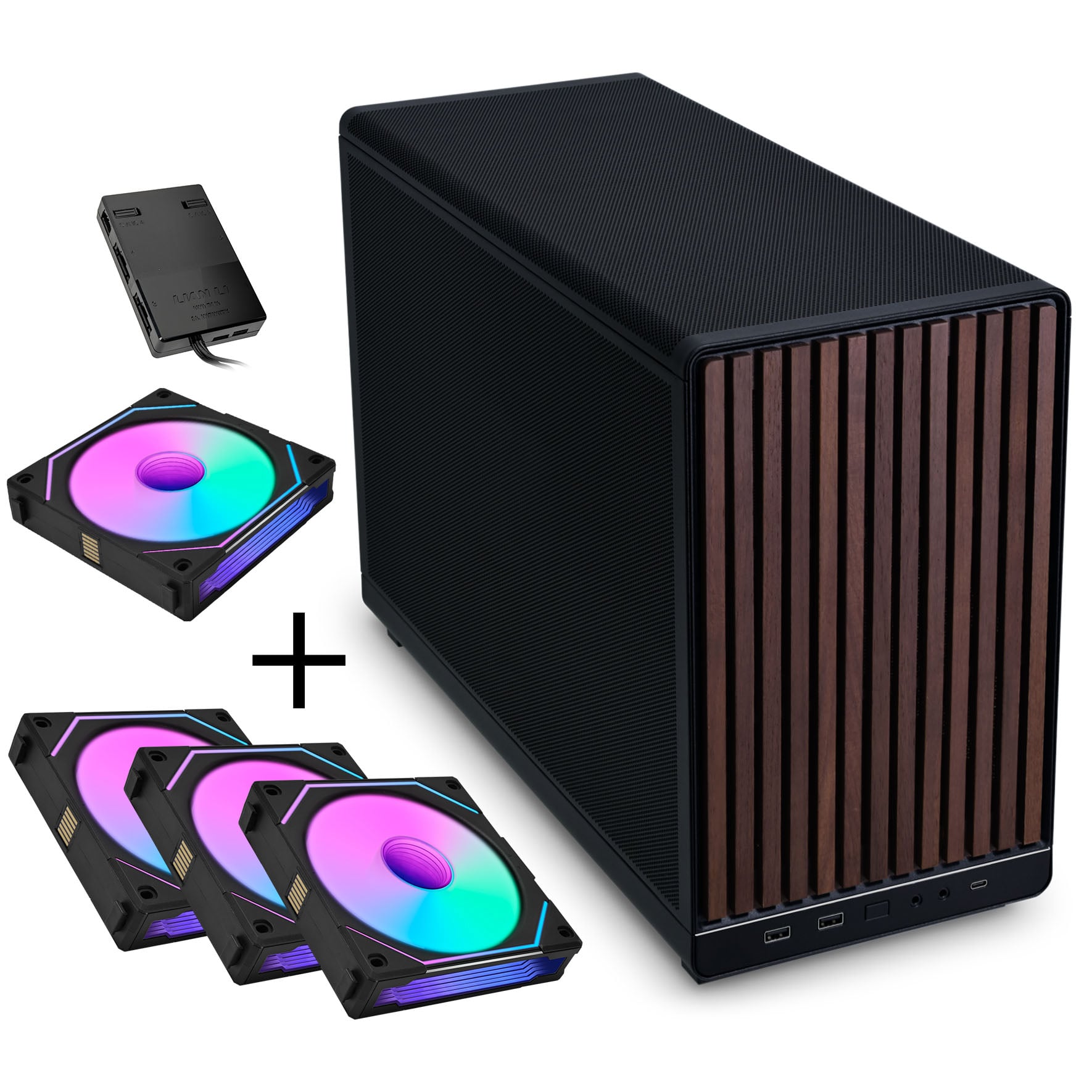 Lian Li DAN Cases A3-mATX - Walnuss, schwarz + 3x UNI FAN SL-INF 120 ARGB Reverse Blade Lüfter + 1x Standard PWM Lüfter - 120mm
