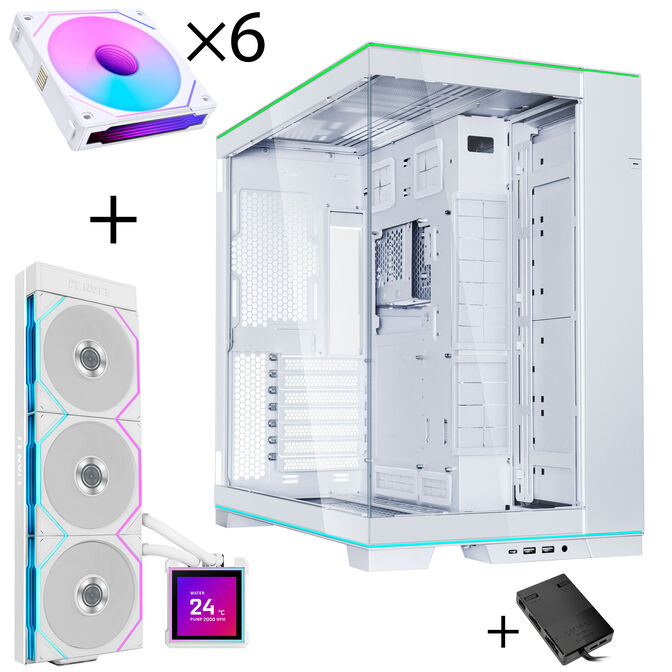 Lian Li O11 Dynamic EVO RGB PC-Gehäuse Bundle + HydroShift II LCD-S 360TL AiO + 6x UNI FAN SL-INF 120 Reverse Blade Lüfter - weiß