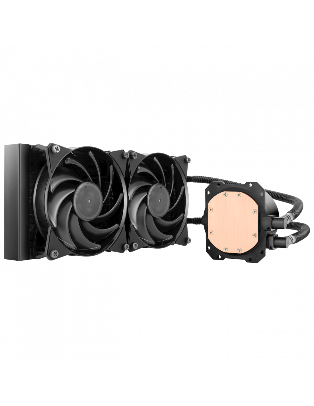 MasterLiquid Lite 240, Low profile dual chamber pump, 2x MasterFan 120 Balance, FEP tubing sleeved, silent, white led