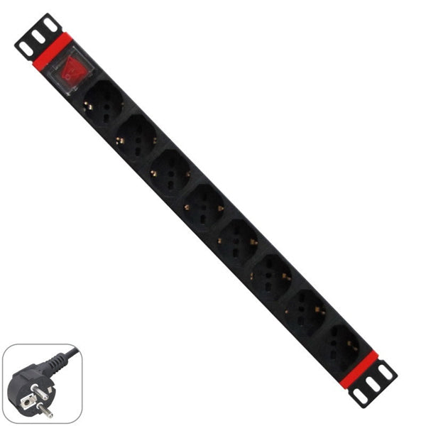 Multiple Socket rack 19"- 8 /Schuko sockets, with On/Off switch,1 unit-Schuko Plug