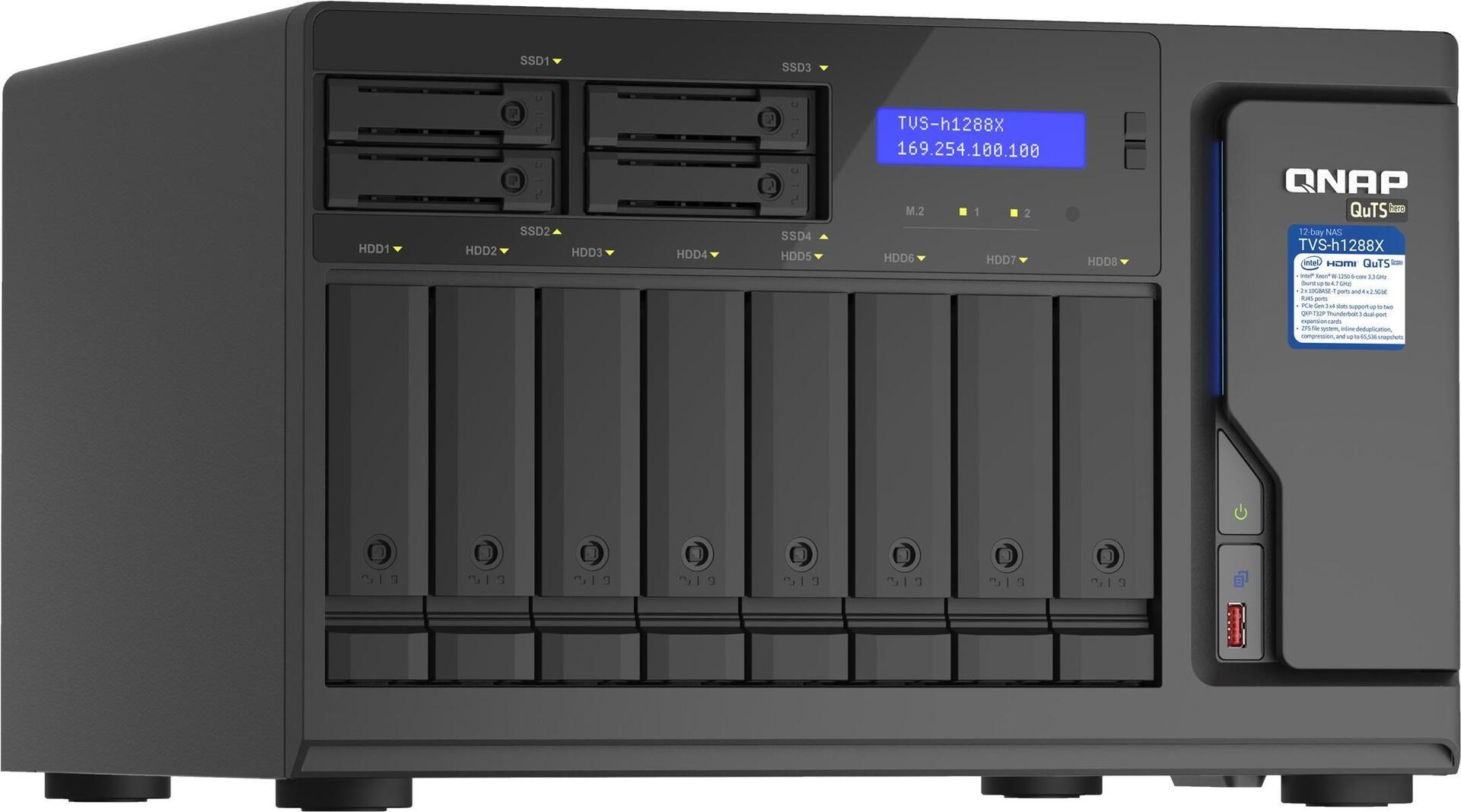 NAS QNAP 12-Bay Xeon W-1250 6C 3.3GHz/16GB/4x2.5Gb,2x10Gb/Thunderbolt/USB/Tower-TVS-h1288X-W1250-16G