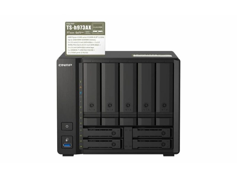 NAS QNAP 9-Bay Ryzen V1000 series V1500B 4C/8T 2.2GHz/8GB/2x2.5Gb,1x10Gb/USB/Tower-TS-h973AX-8G