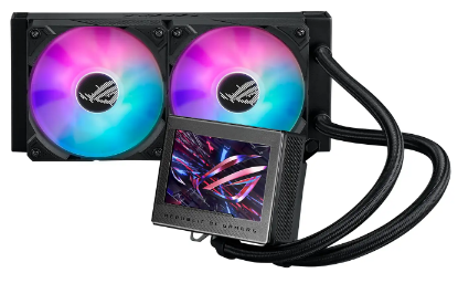 ROG Ryujin III 240 ARGB all-in-one liquid CPU cooler with 3.5" LCD, Asetek 8th gen pump, pump embedded fan and ROG 120mm magnetic daisy-chainable ARGB radiator fans.