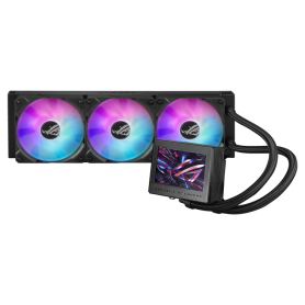 ROG Ryujin III 360 ARGB all-in-one liquid CPU cooler with 3.5" LCD, Asetek 8th gen pump, pump embedded fan and ROG 120mm magnetic daisy-chainable ARGB radiator fans.