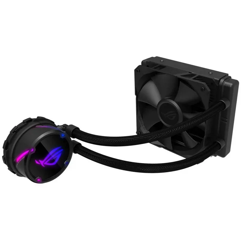 ROG STRIX LC 120 RGB all-in-one liquid CPU cooler com Aura Sync RGB, and ROG 120mm ARGB radiator fan