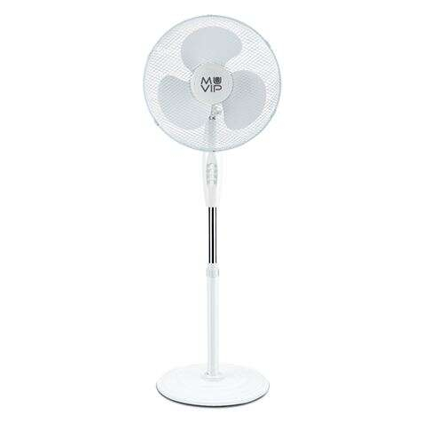 Ventilador de pedestal Muvip 45W com 3 pás,3 velocidades,altura e inclinação ajustáveis,base reforçada e cor branca.
