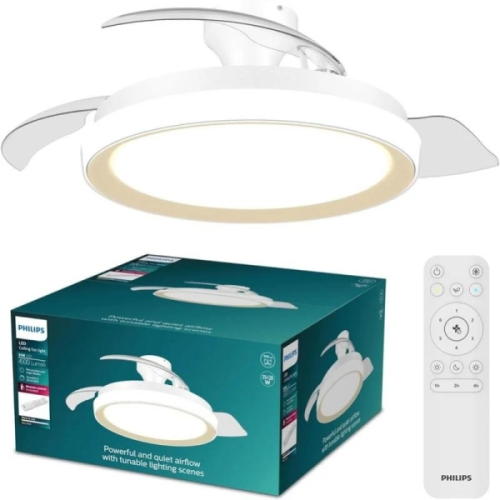 Ventilador de teto Philips Bliss DC com luz LED (até 6500K) - Pás retráteis - Ventilador de 35W + Luz de 28W - Comando à distância - Branco/Dourado