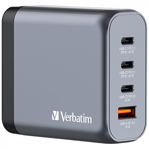 CARREGADOR MOVEL VERBATIM GAN 140W 3x USB-C (140+140+20W) + 1xUSBA (18W)